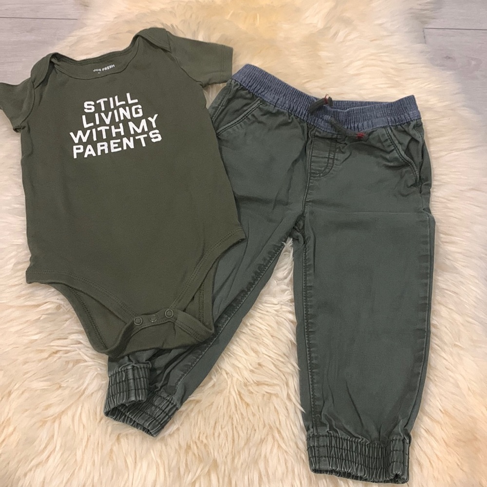 Joe Fresh Funny Onesie & Casual Pants in Army Green 18-24M